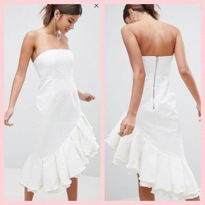 White Jacquard Bandeau Asymmetric Frill Hem Midi